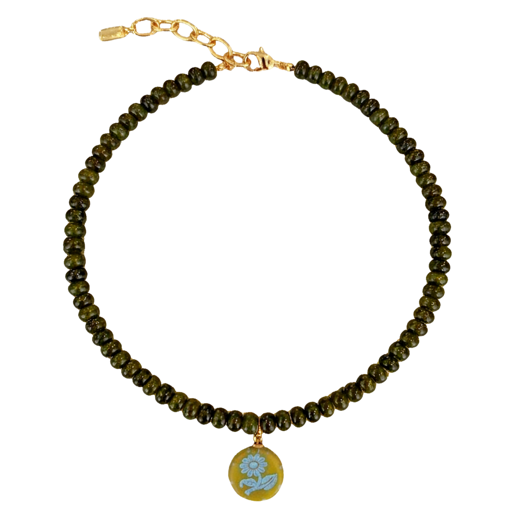 Green Beaded Gold & Blue Pendant Necklace