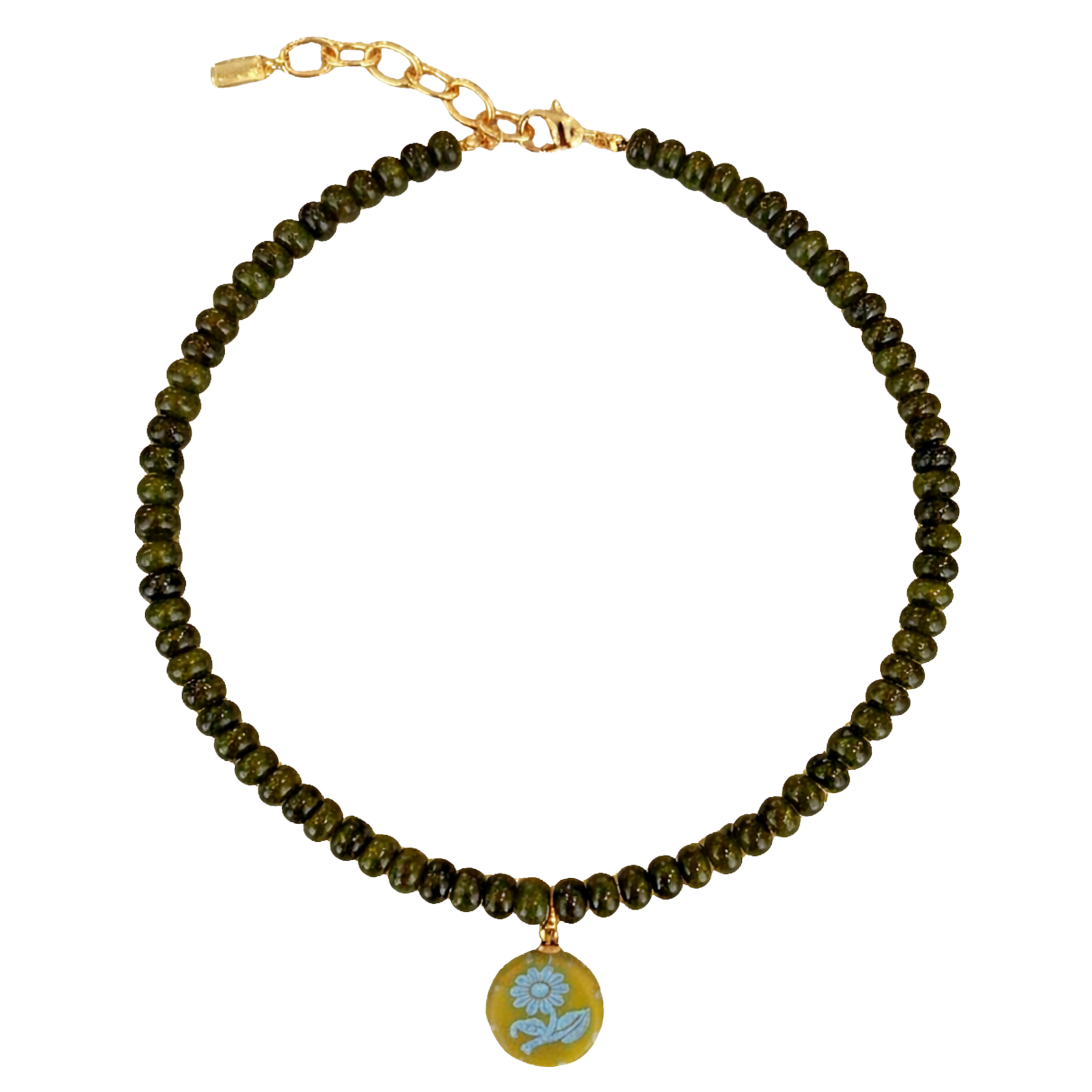 Green Beaded Gold & Blue Pendant Necklace