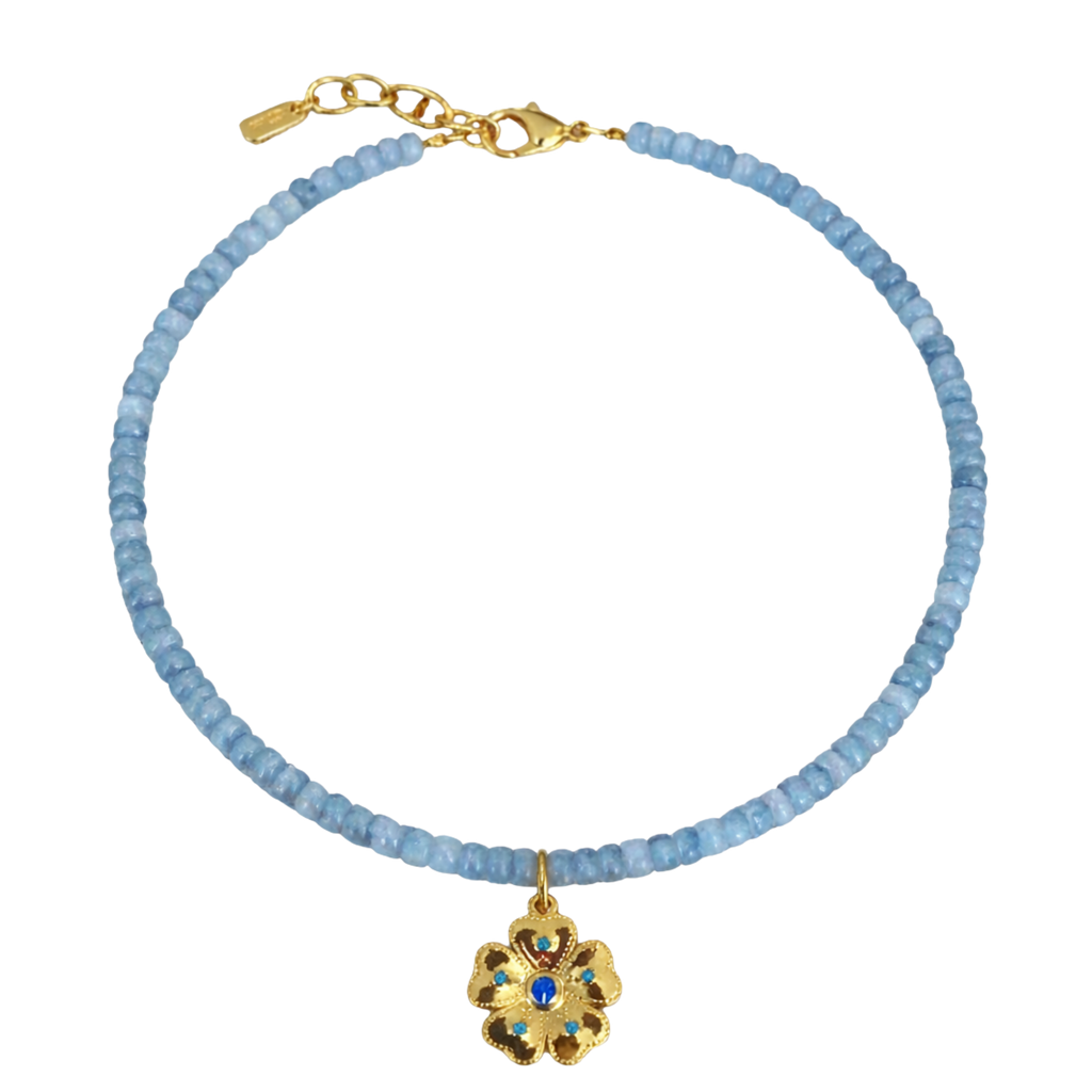Blue Beaded Gold Flower Necklace