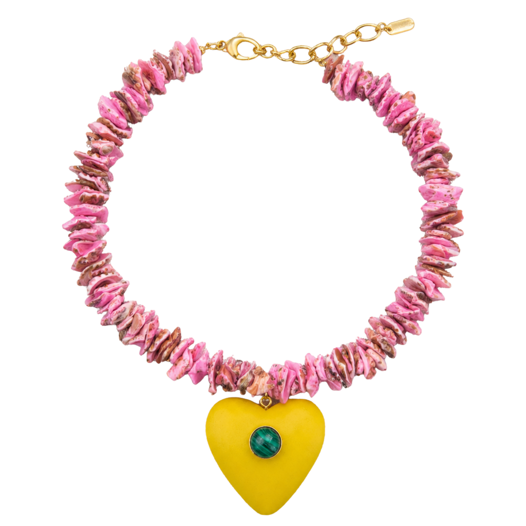 Pink Beaded Yellow Heart Necklace