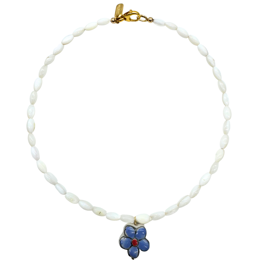 White Beaded Purple Flower Necklace
