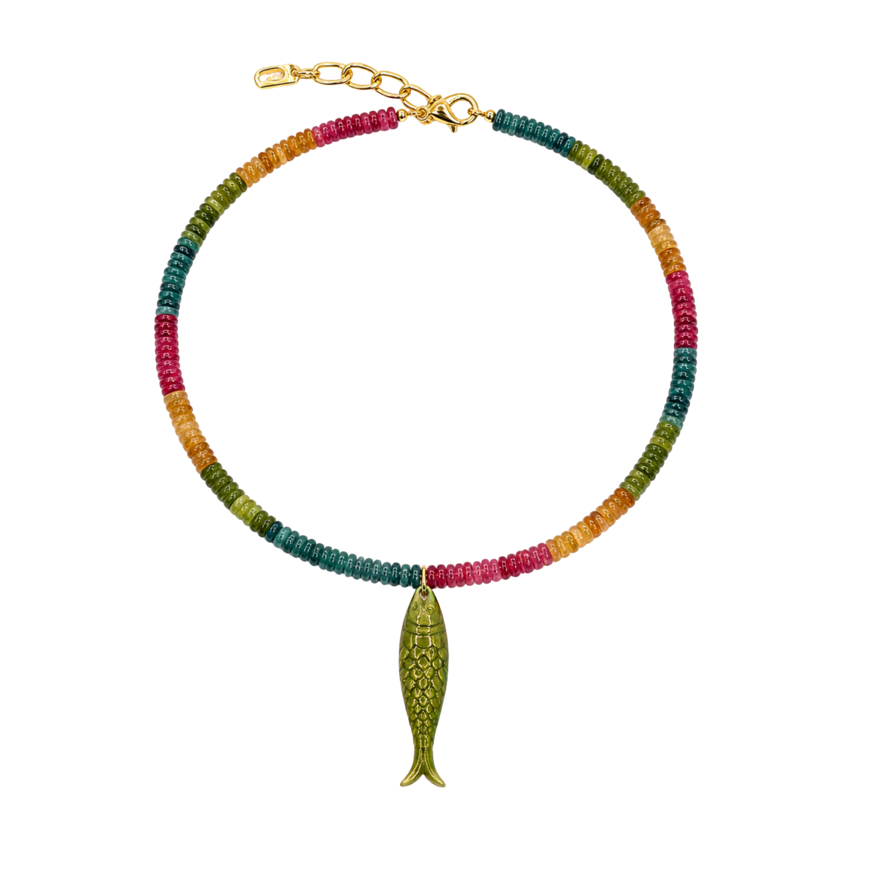 Colorful Beaded Green Fish Necklace