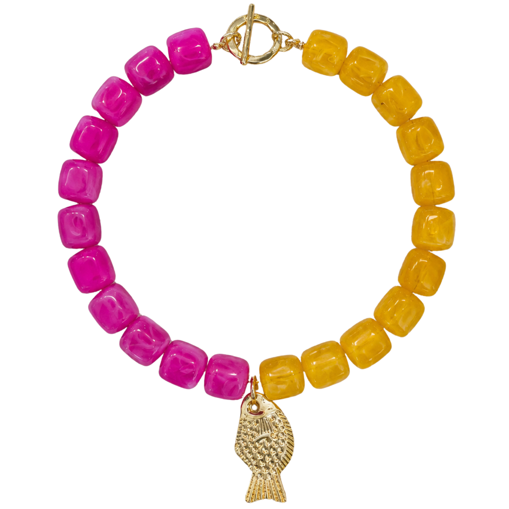 Pink and Yellow Chunky Beaded Fish Necklace