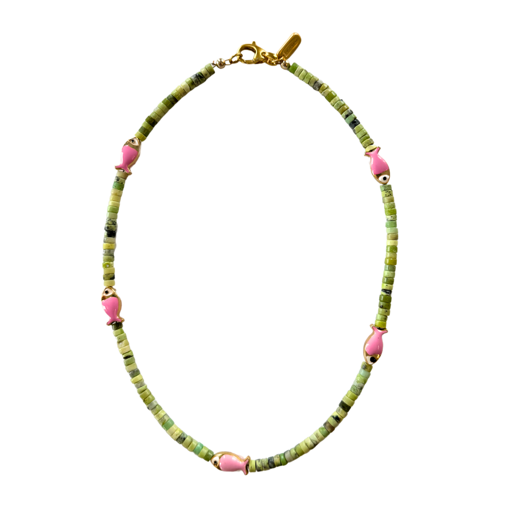 Green and Pink Fish Beaded Necklace
