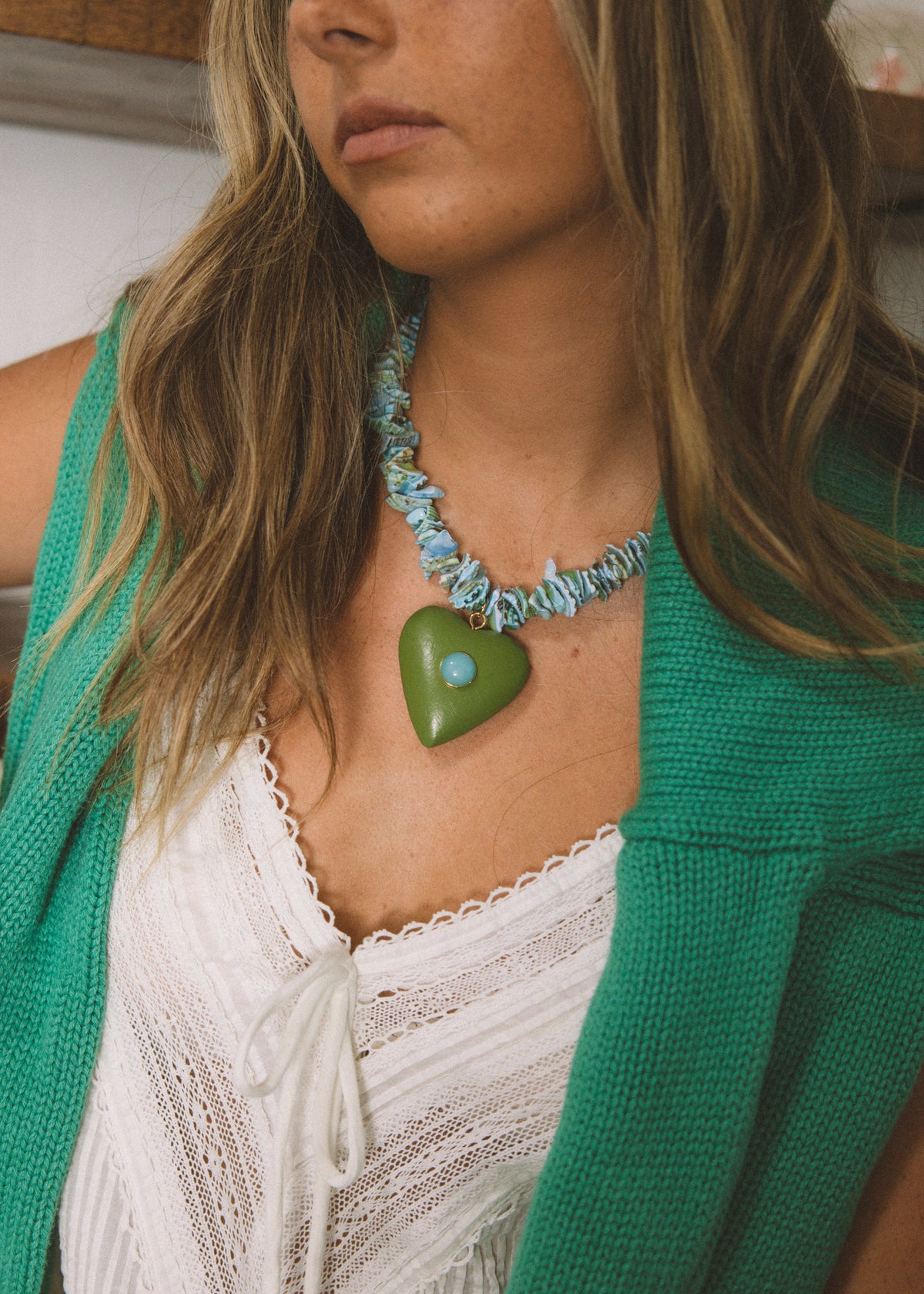 Blue Beaded Green Heart Necklace