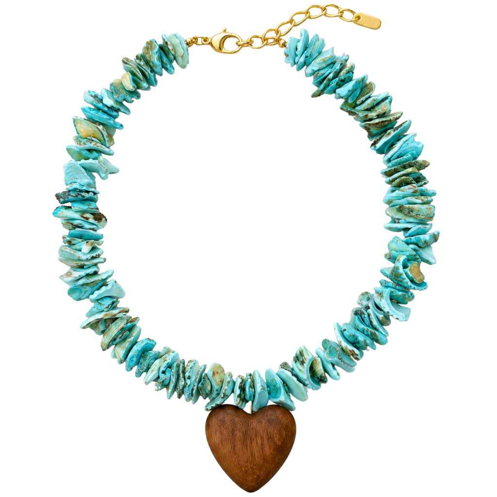 Blue Beaded Wooden Heart Necklace