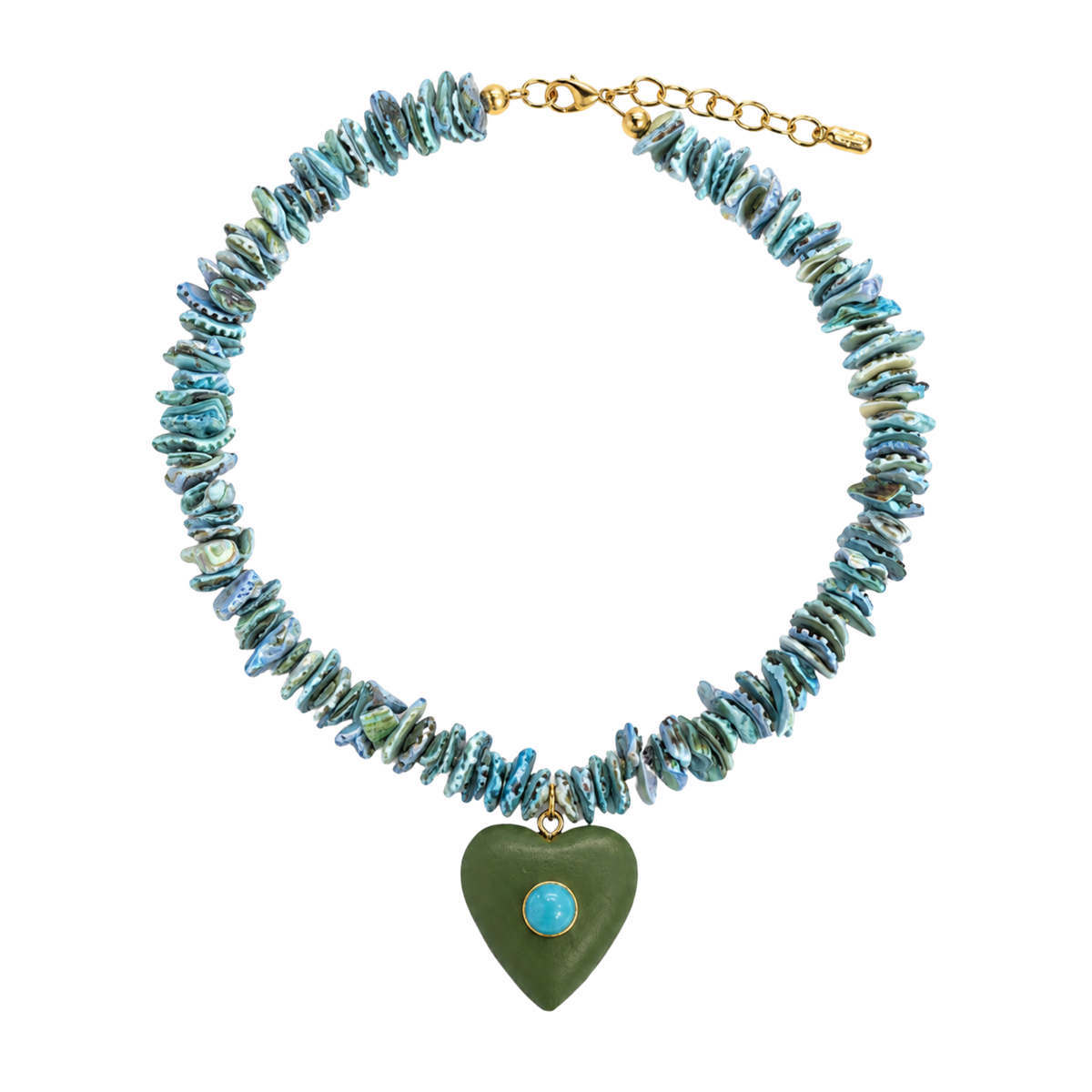 A chunky necklace made of irregular turquoise-blue and green shell-like beads with a dangling olive green heart charm featuring a small light blue stone, shown on a plain white background.