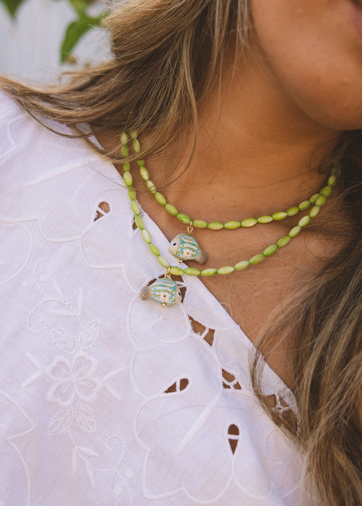 Pale Green Beaded Fish Necklace