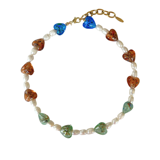 Colorful Glass Heart Pearl Necklace