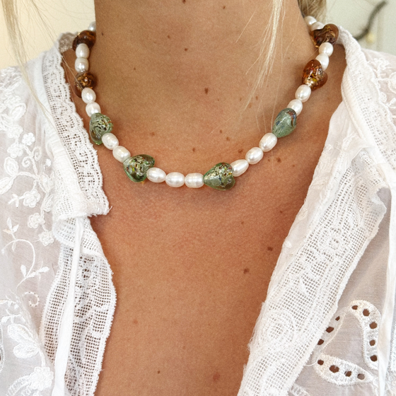 Colorful Glass Heart Pearl Necklace