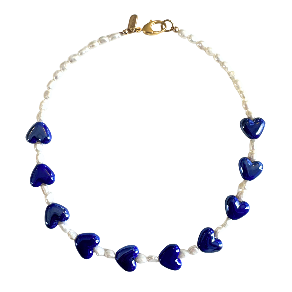 Deep Blue Heart Pearl Necklace