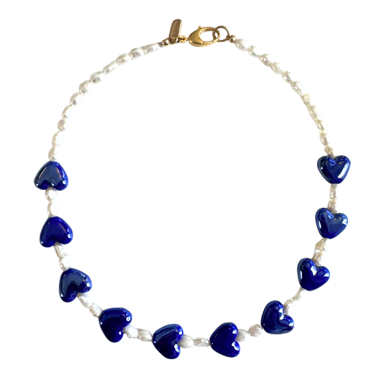 Deep Blue Heart Pearl Necklace