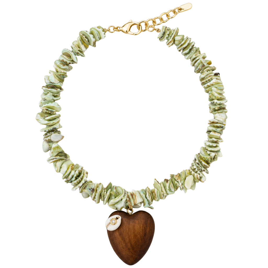 Green Beaded Wooden Heart Necklace