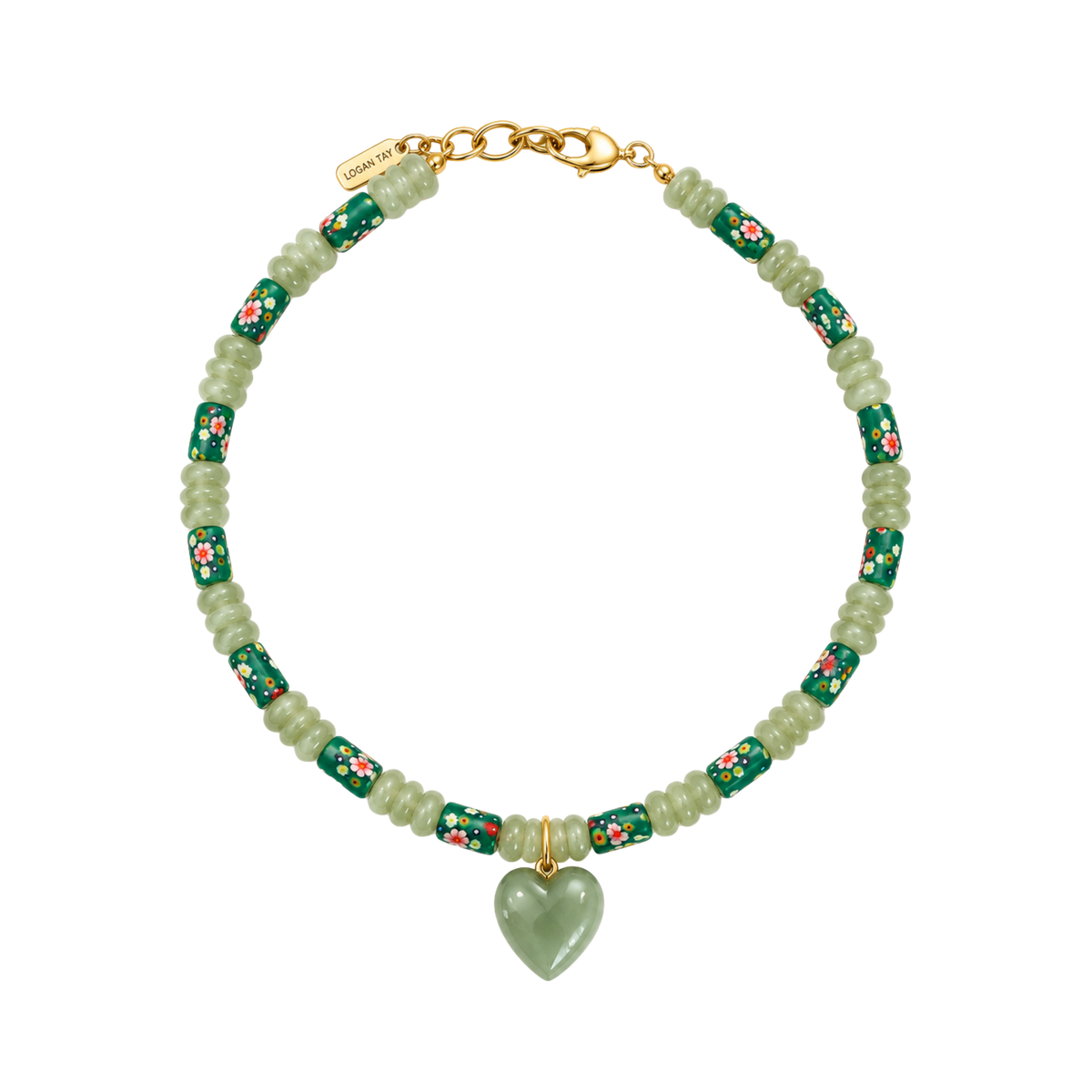 Green Floral Beaded Heart Necklace