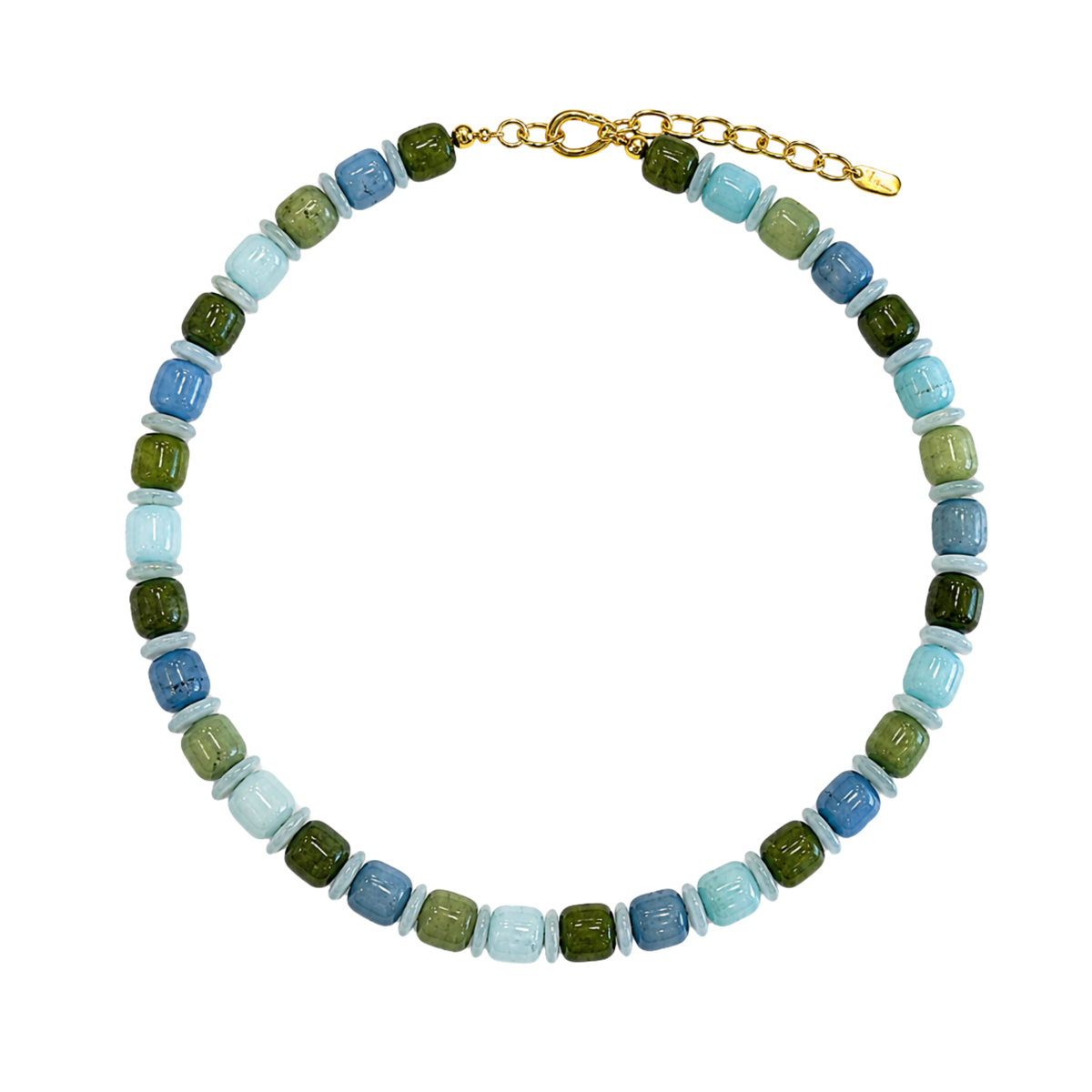 A beaded necklace with alternating light blue, olive green, and medium blue faceted beads, finished with a gold clasp and extender chain, shown on a plain white background.