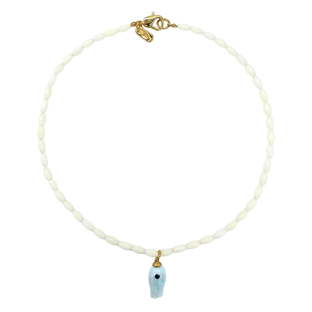 Necklace with a small blue pendant on a white background