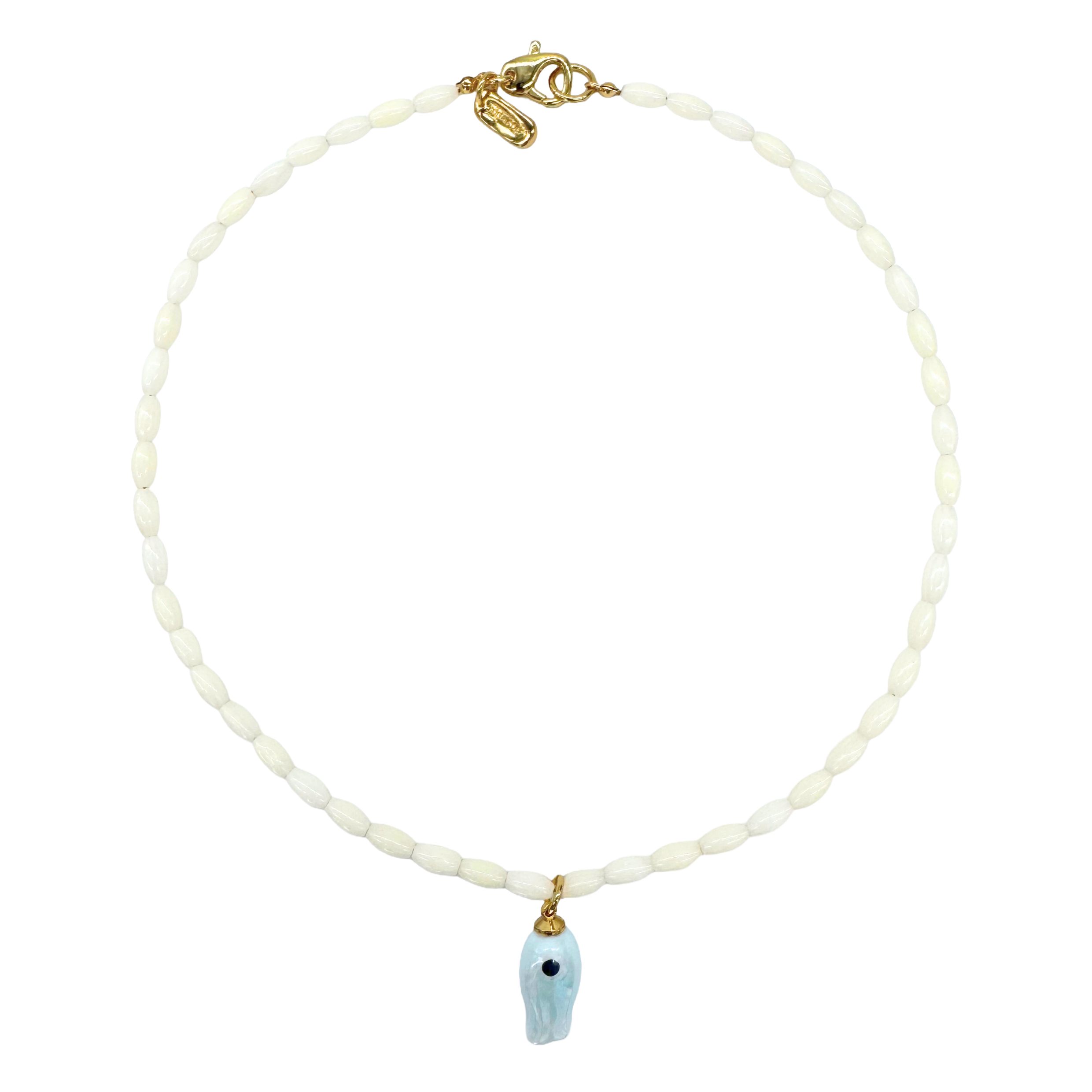 Necklace with a small blue pendant on a white background