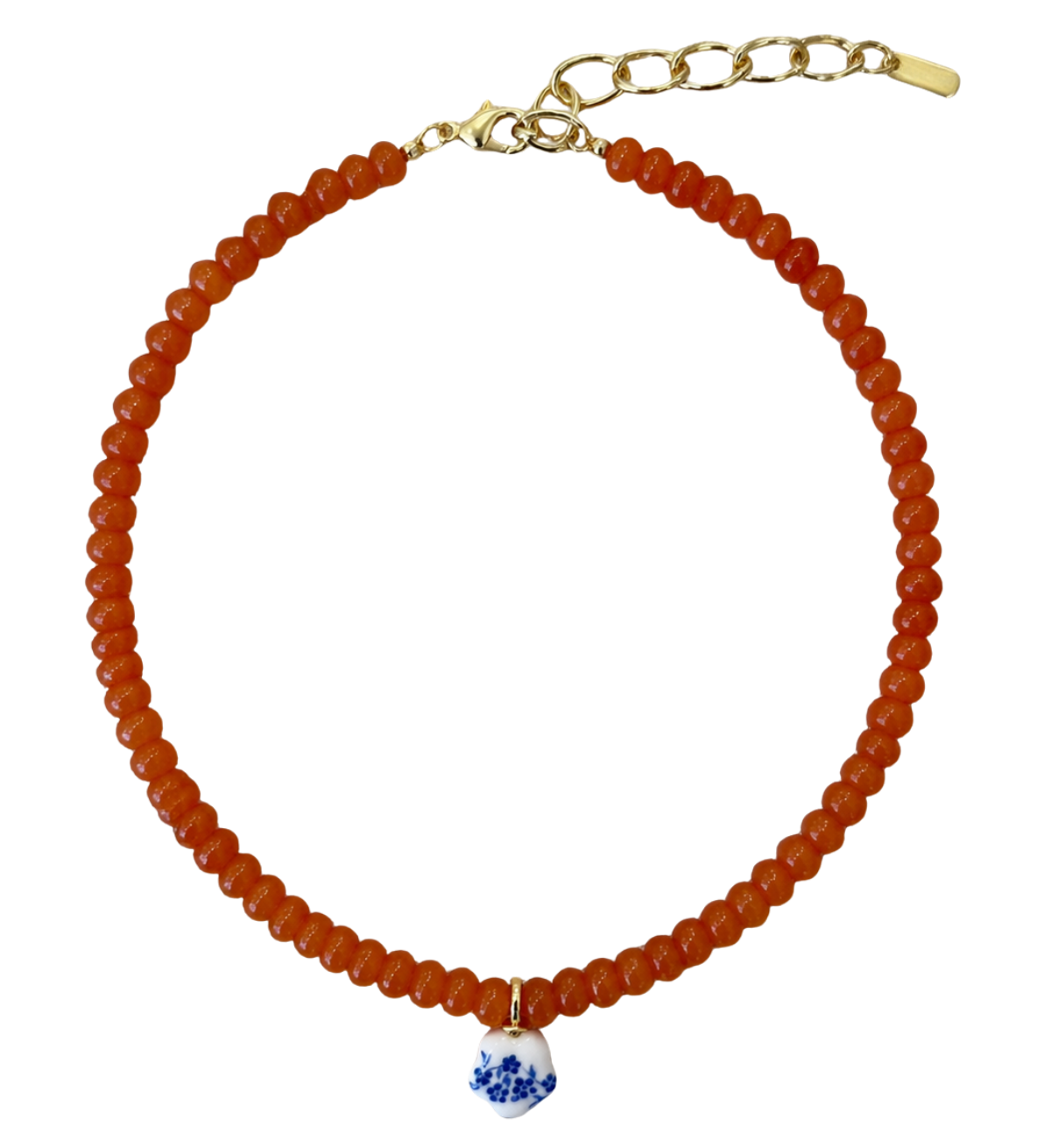 Orange Beaded Blue Flower Pendant Necklace