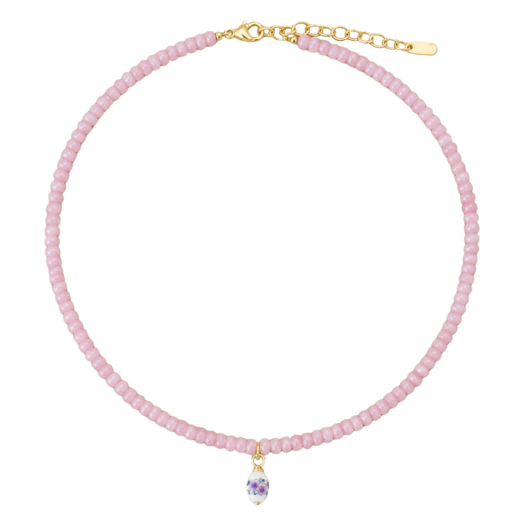 Pink Beaded Floral Pendant Necklace