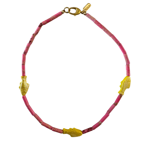 Pink and Yellow Beaded Fish Necklace