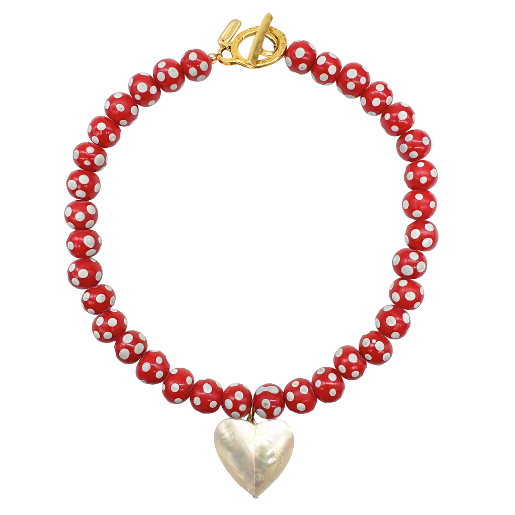 Red Polka Dot Beaded Heart Necklace