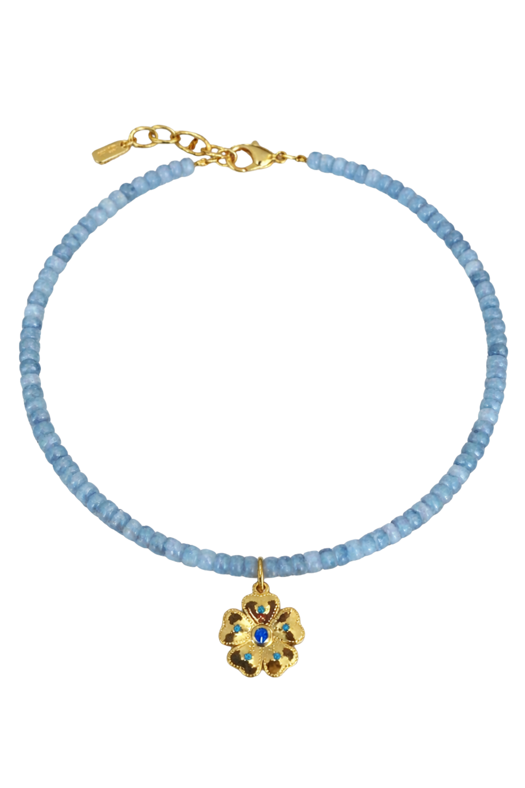 Blue Beaded Gold Flower Necklace
