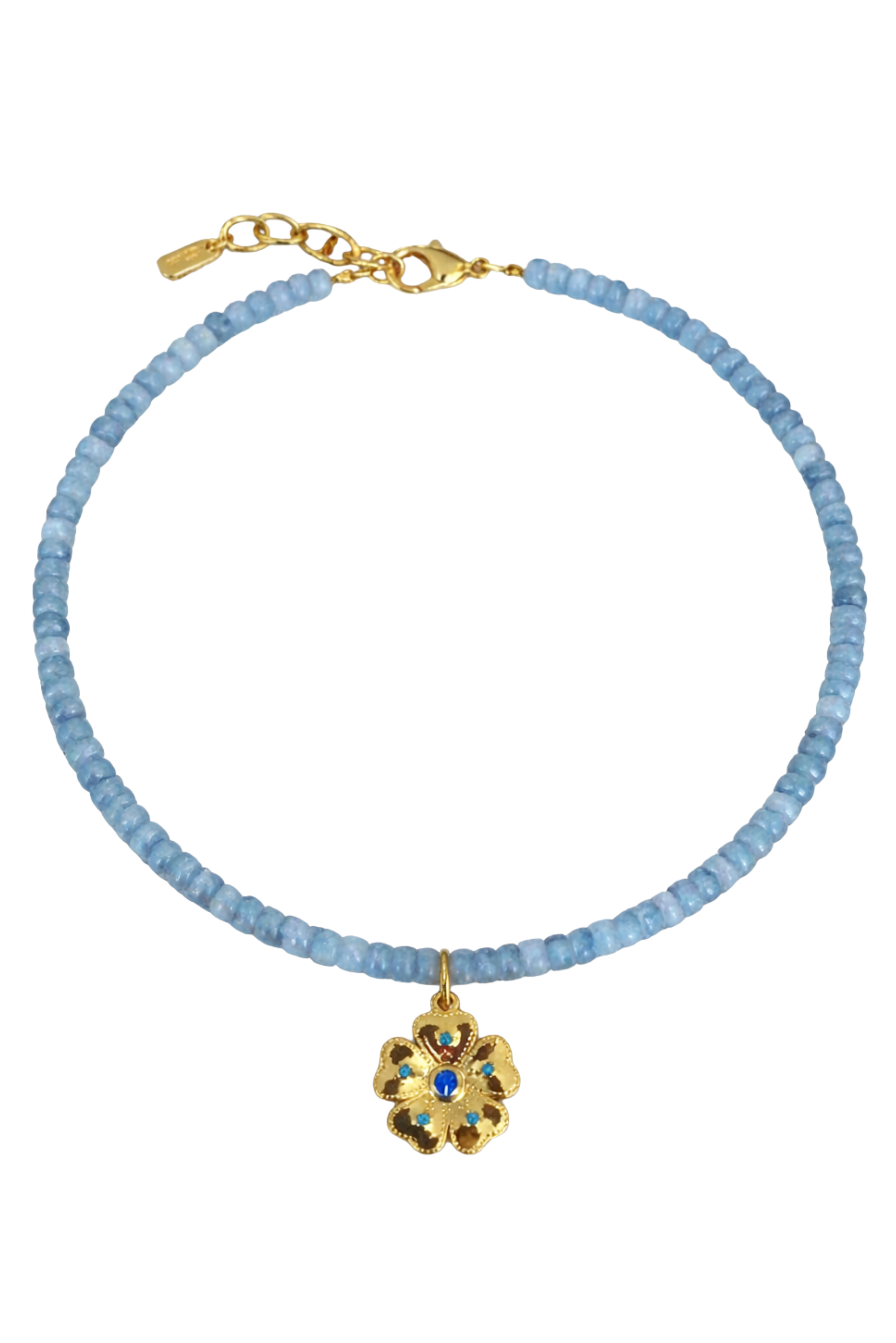 Blue Beaded Gold Flower Necklace