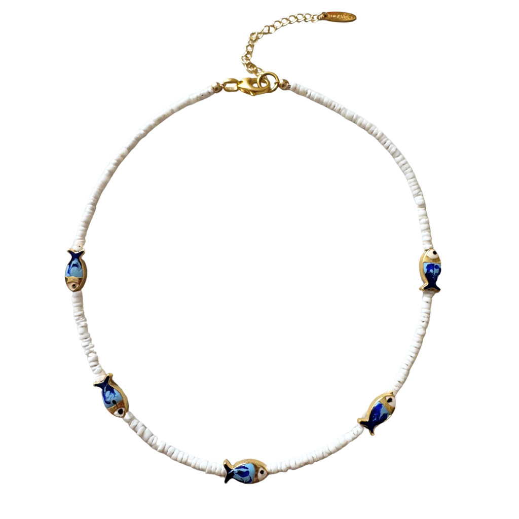 White Heishi Blue Fish Necklace