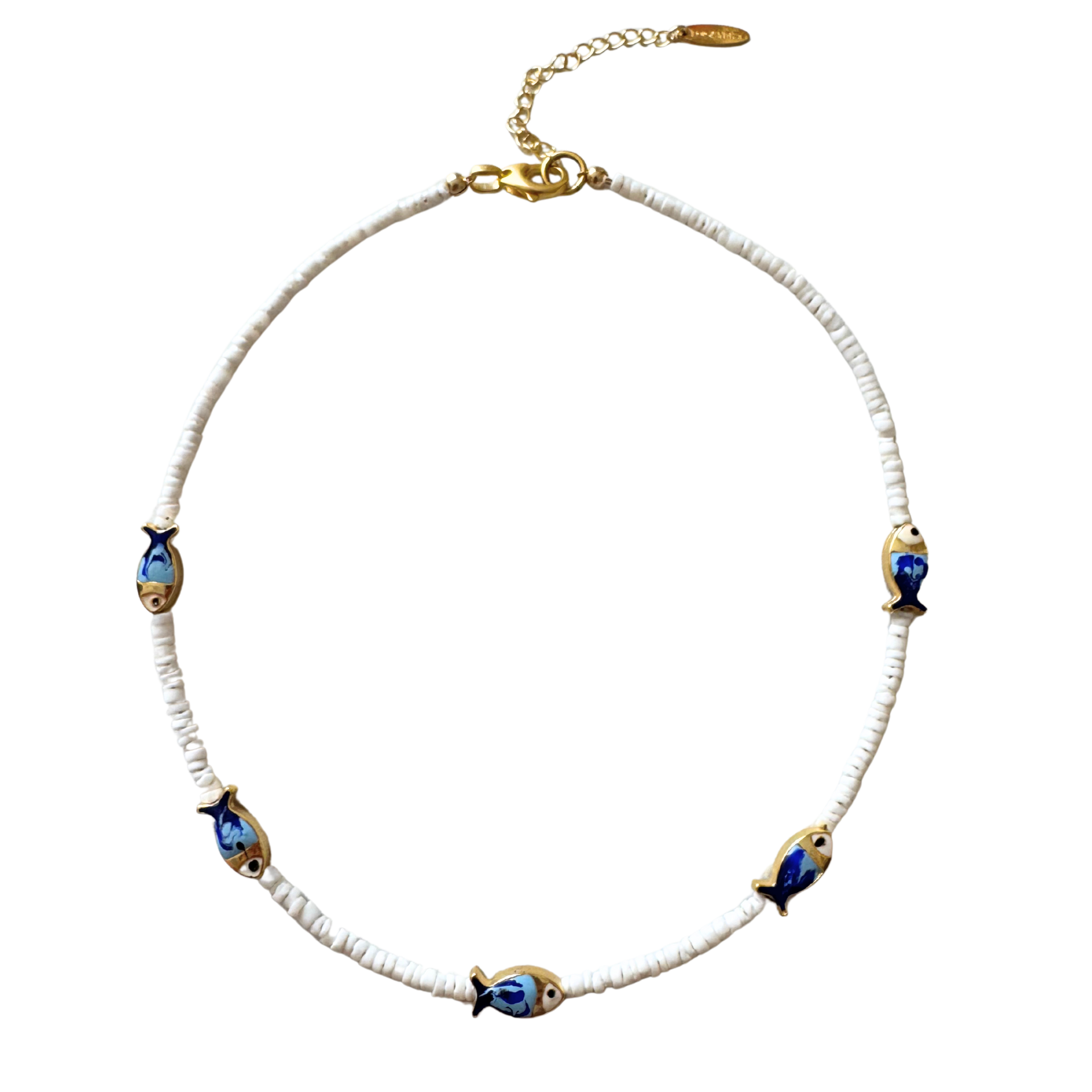 アクセサリー Densetsuno_haikankou White Heishi Blue Fish Necklace – LOGAN TAY