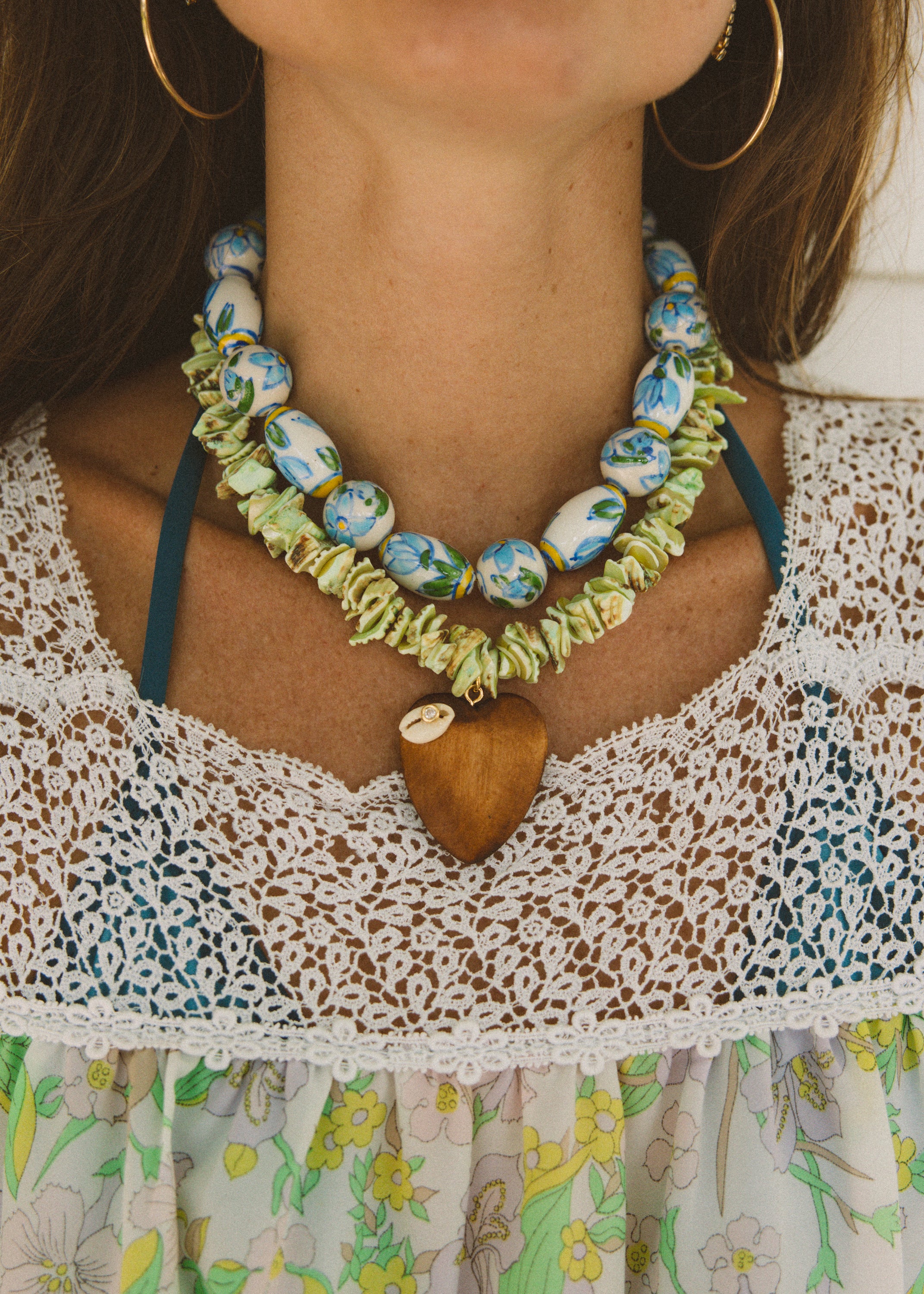Green Beaded Wooden Heart Necklace