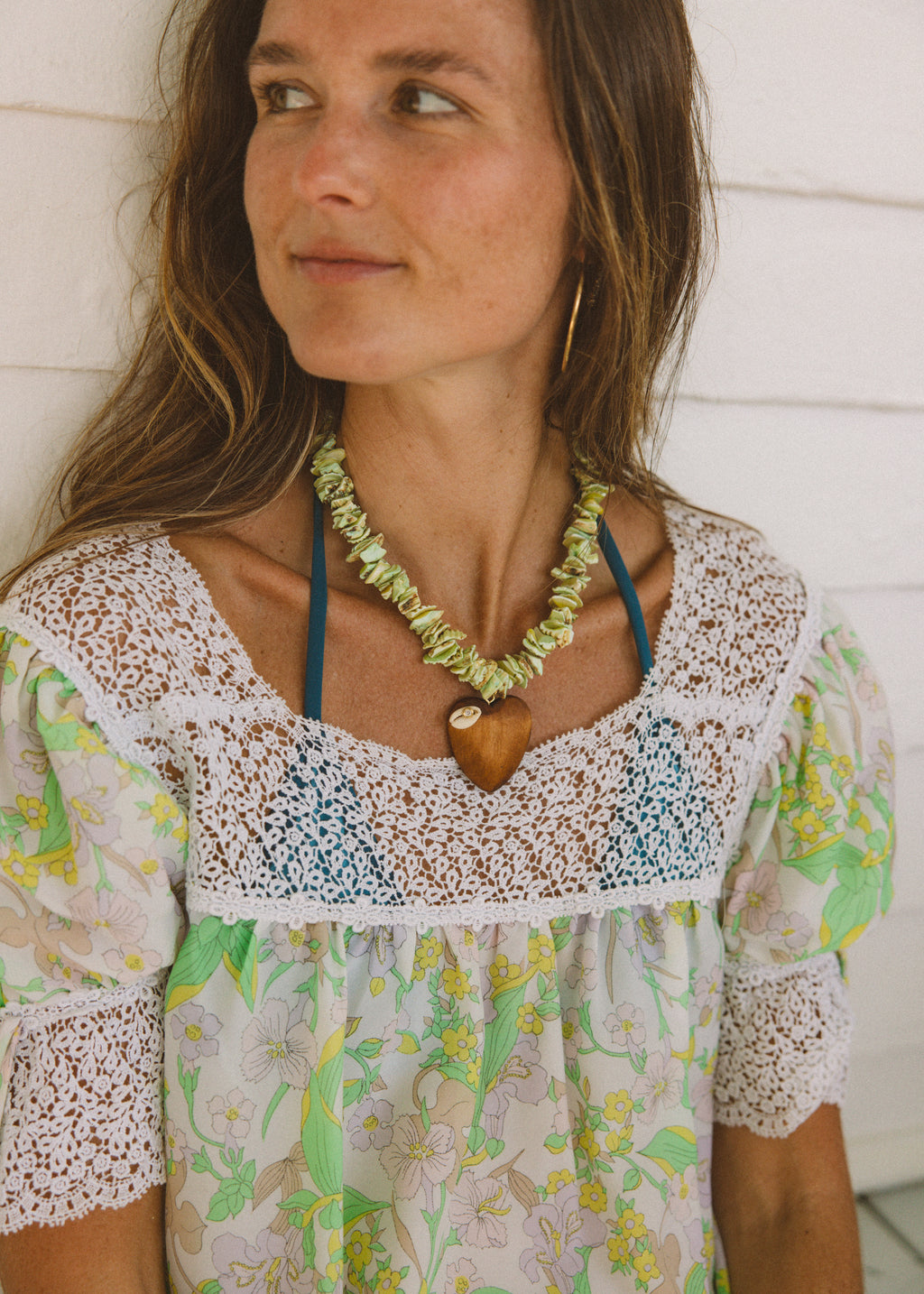Green Beaded Wooden Heart Necklace