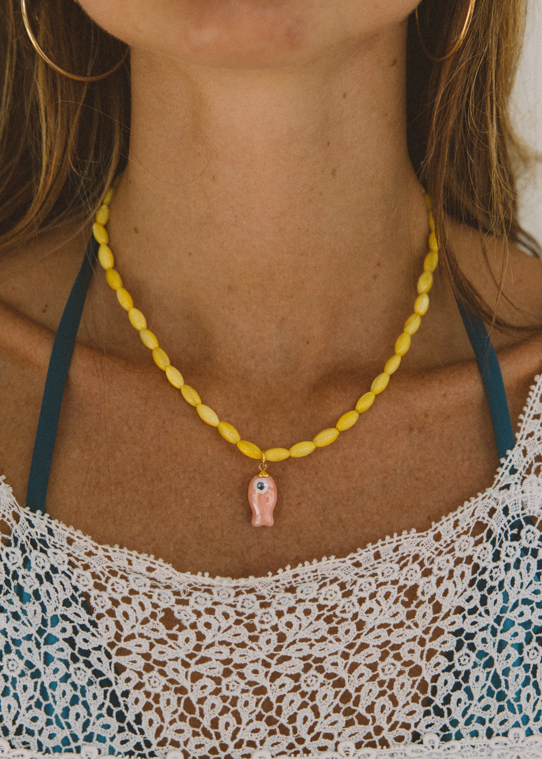 Yellow Beaded Fish Necklace
