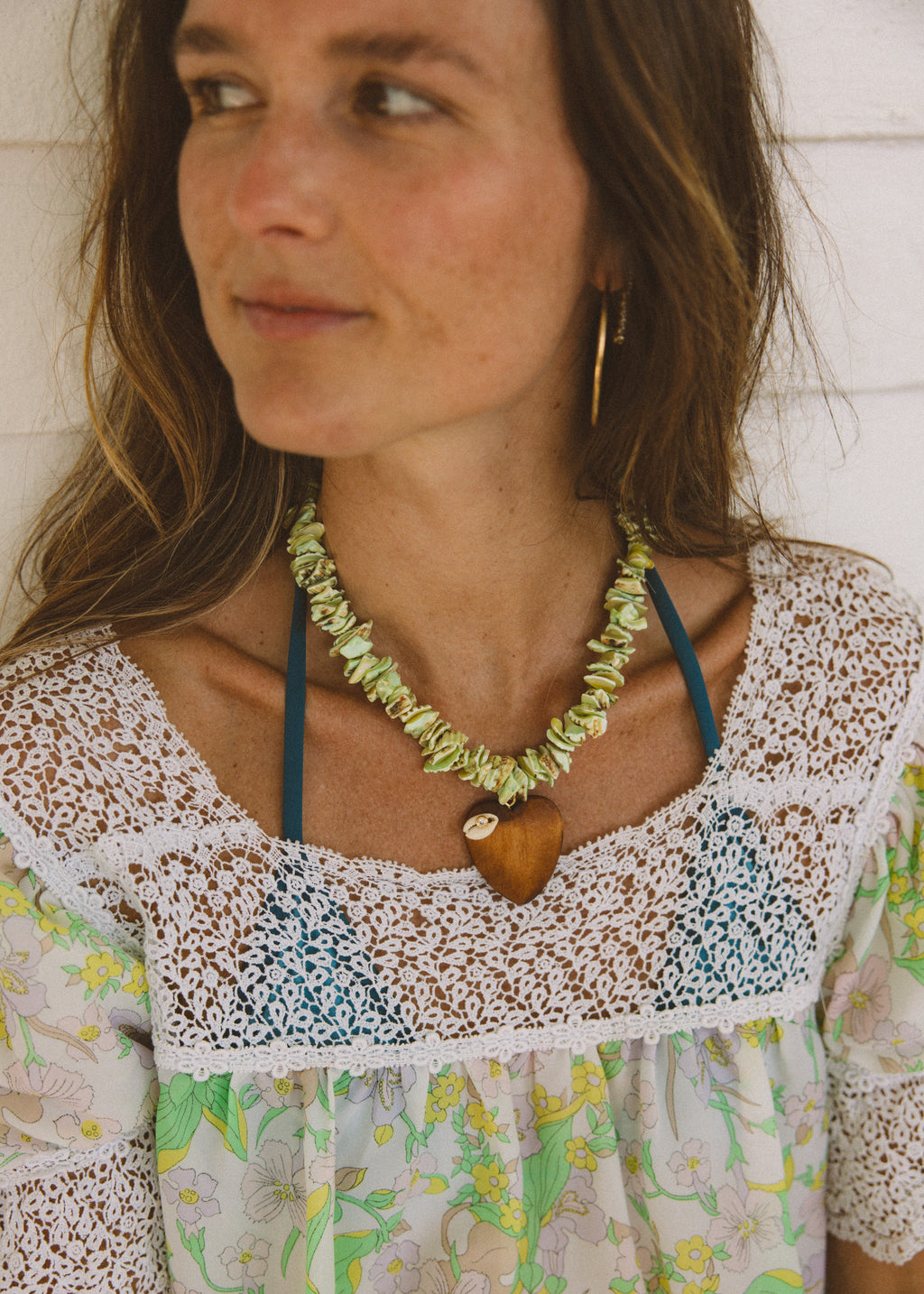 Green Beaded Wooden Heart Necklace