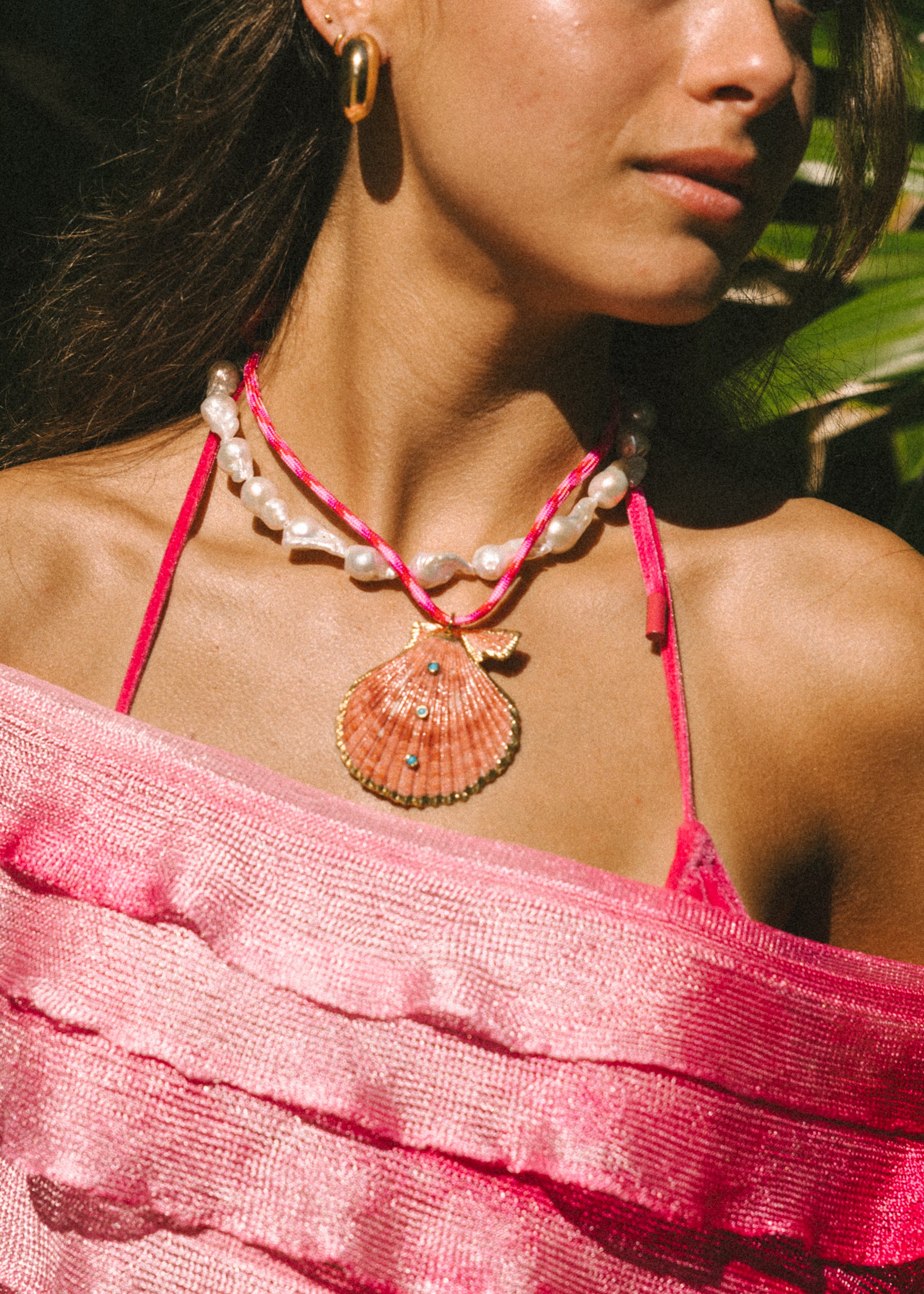Dark Pink Rope Seashell Necklace