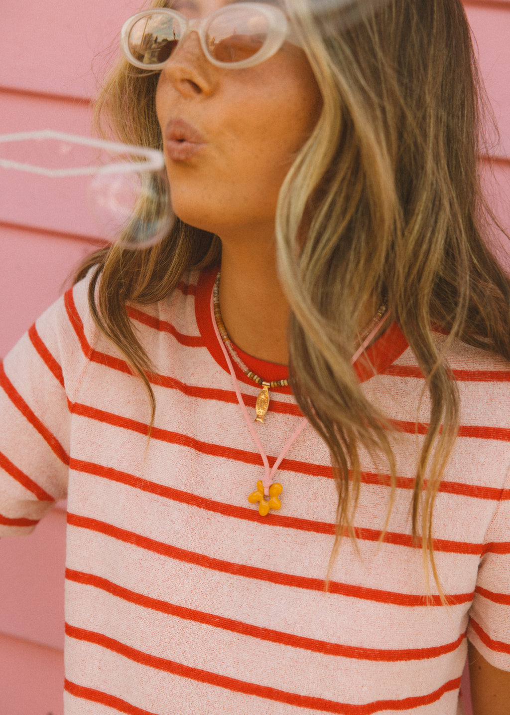 Pink Beaded Gold Fish Necklace
