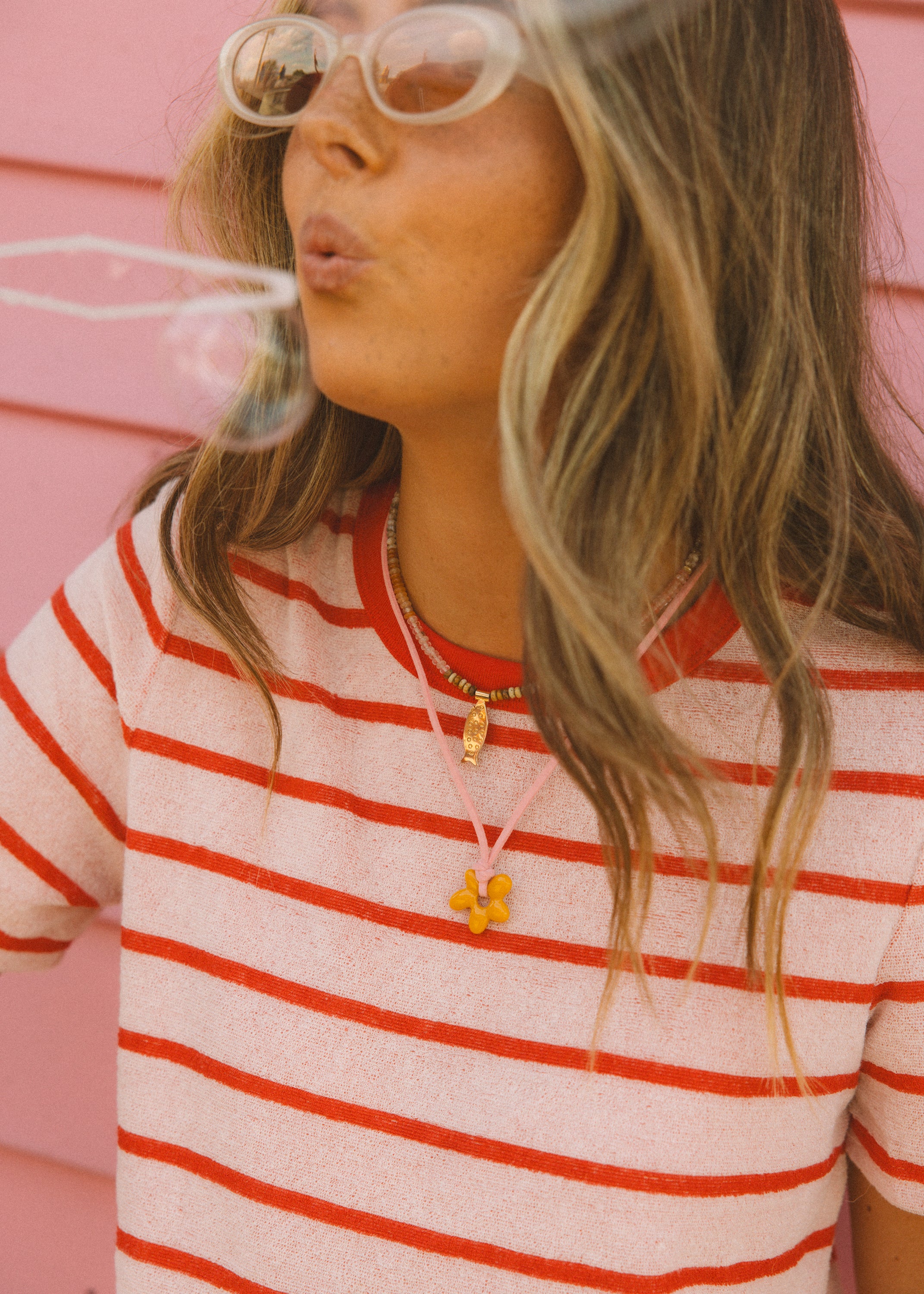 Pink Beaded Gold Fish Necklace