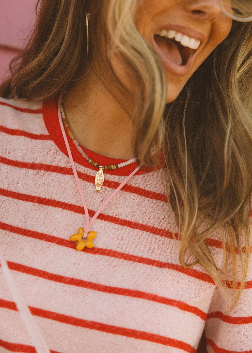 Pink Beaded Gold Fish Necklace