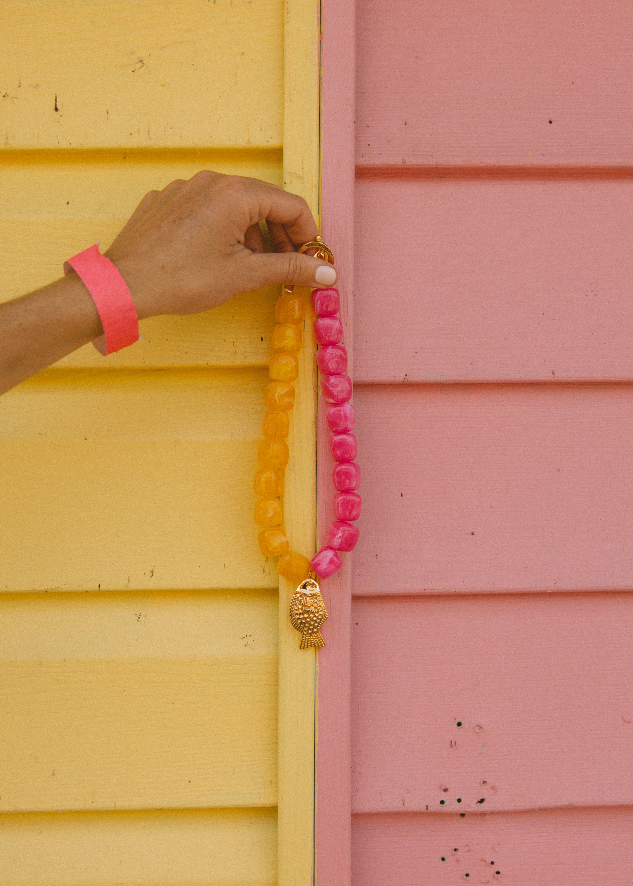 Pink and Yellow Chunky Beaded Fish Necklace