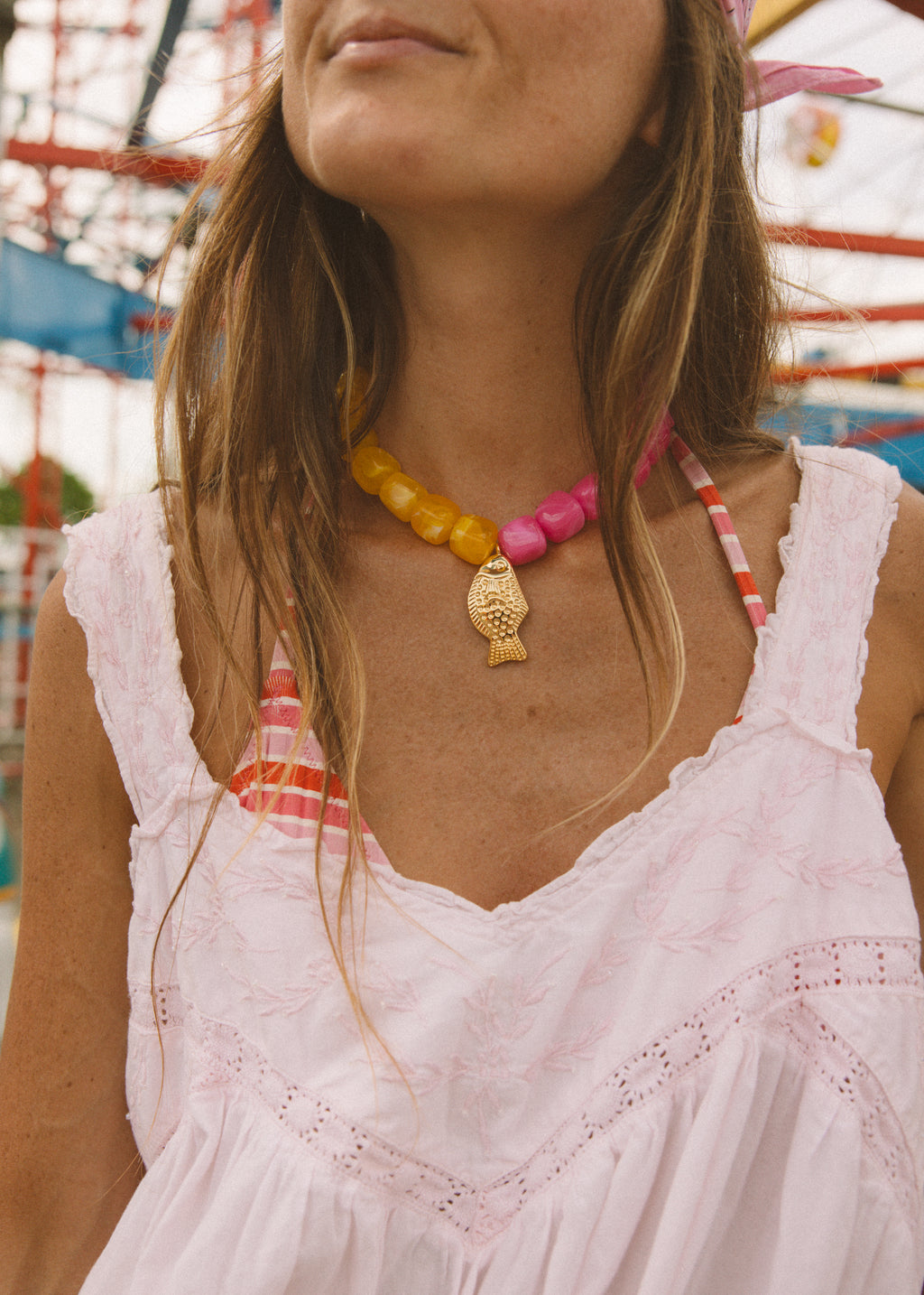 Pink and Yellow Chunky Beaded Fish Necklace