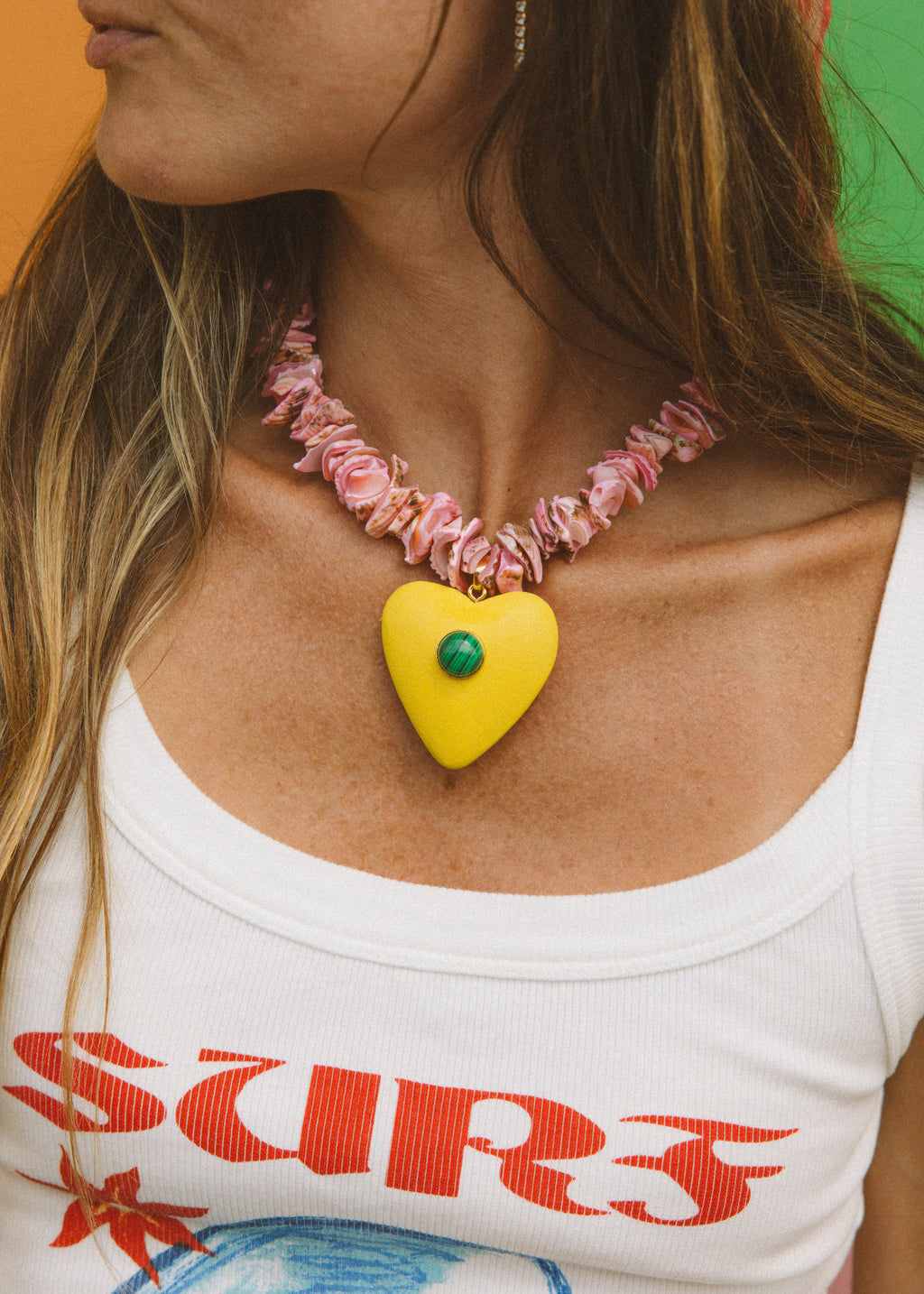 Pink Beaded Yellow Heart Necklace