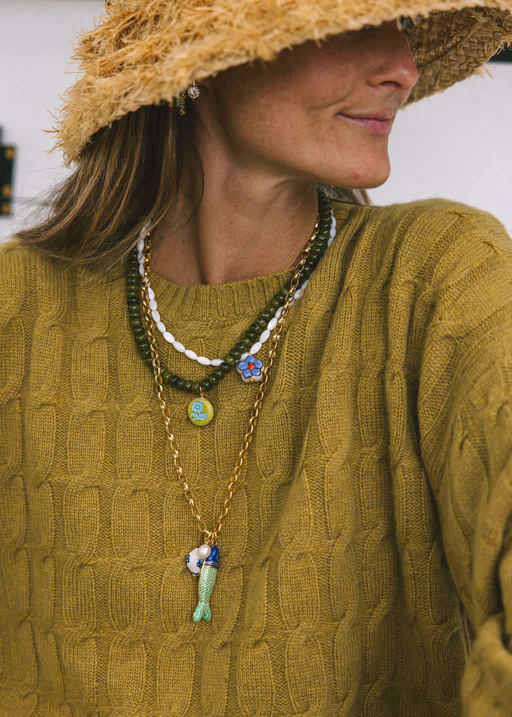 Green Beaded Gold & Blue Pendant Necklace