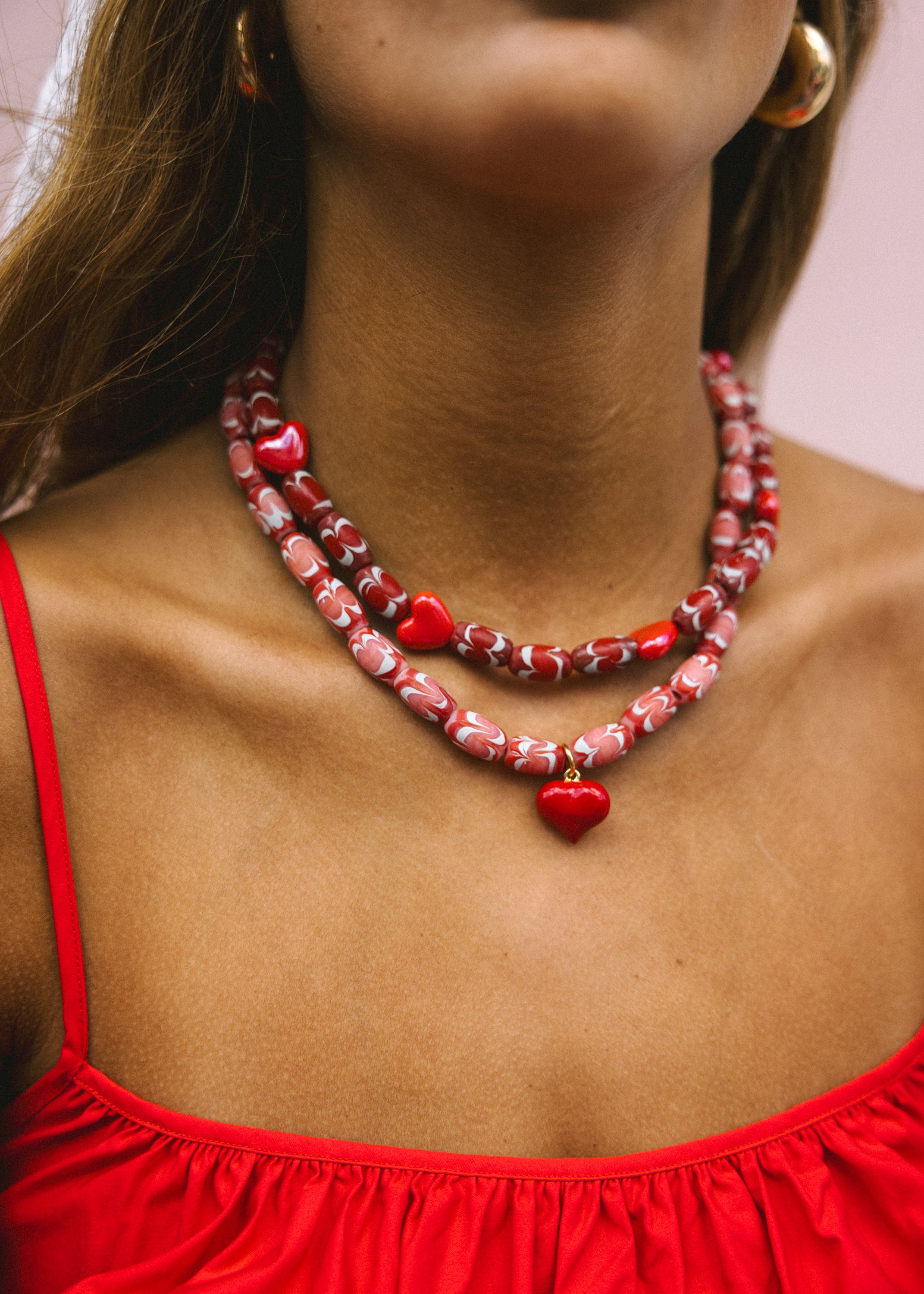 Red Marbled Heart's Necklace