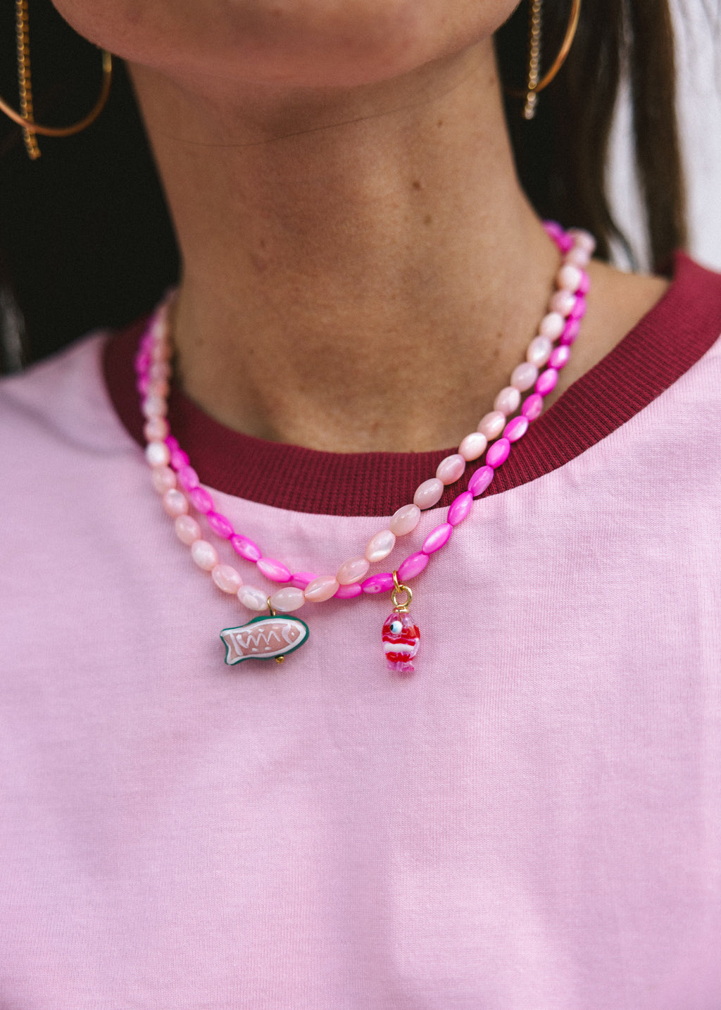 Pink Striped Fish Beaded Necklace