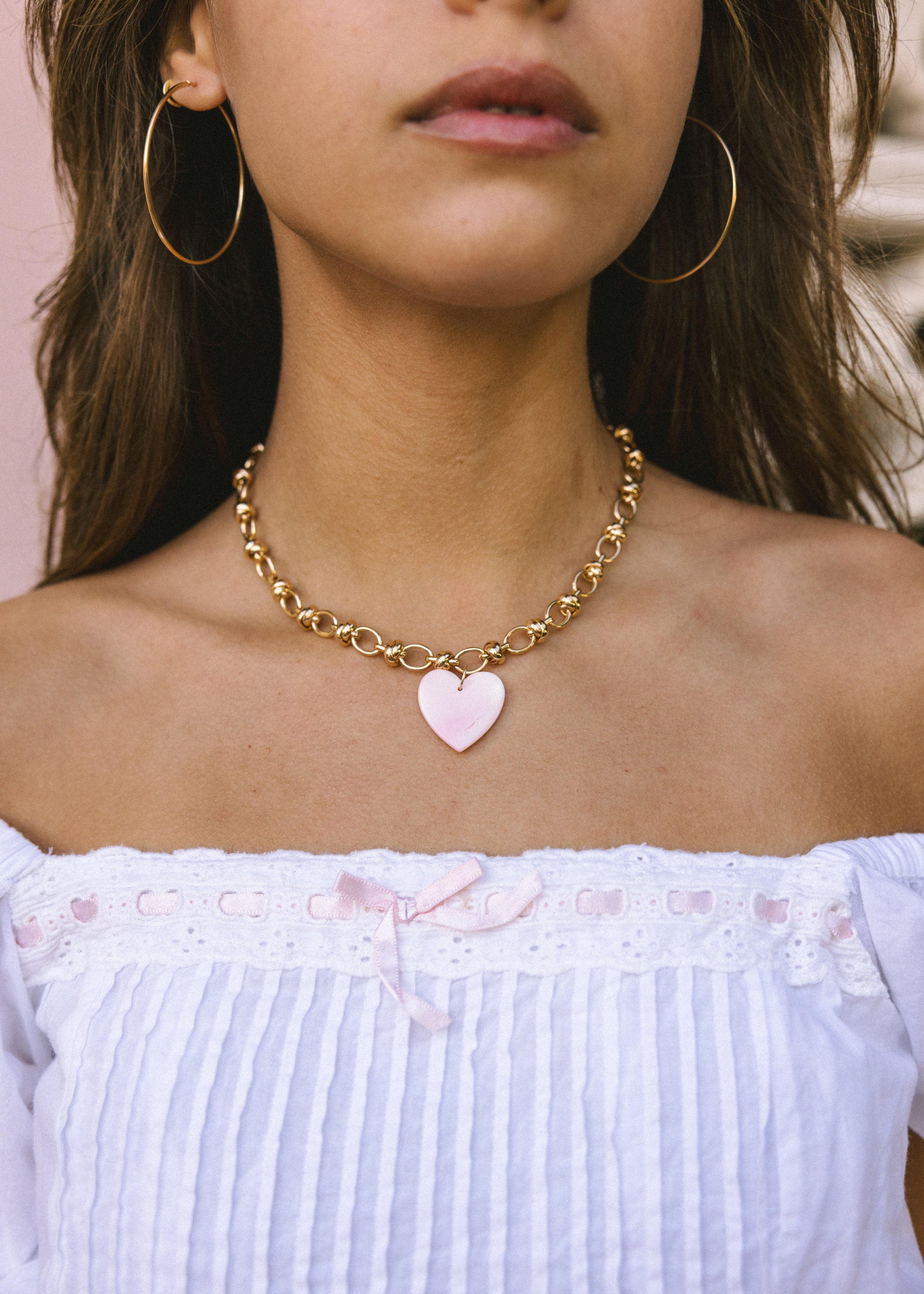 Pink Conch Heart Gold Knot Necklace