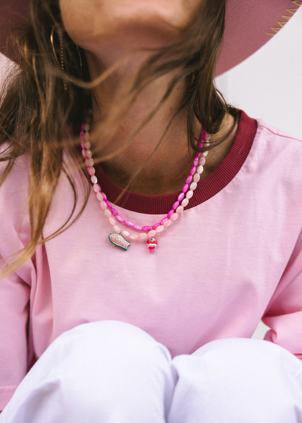 Pink Striped Fish Beaded Necklace
