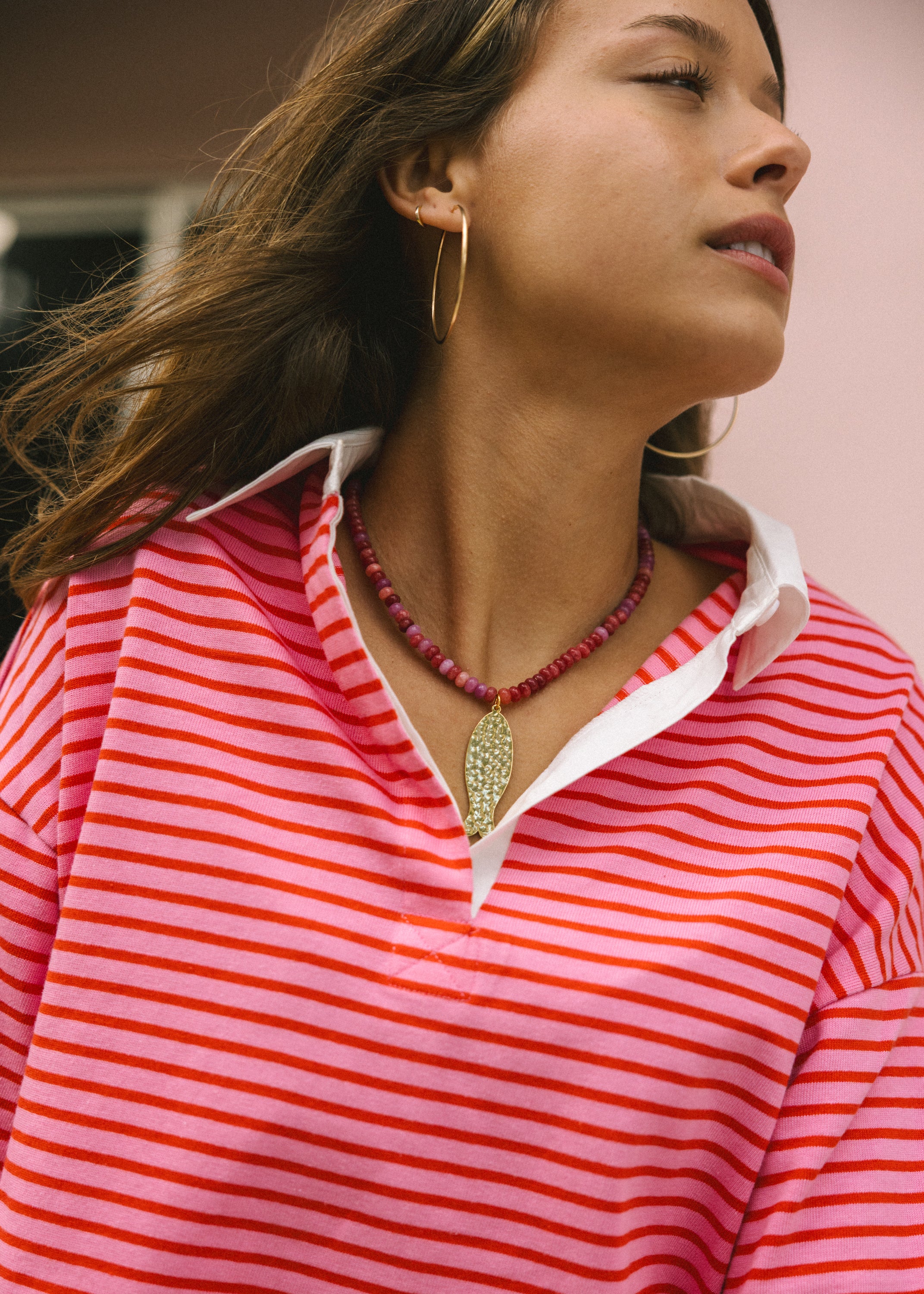 Pink & Gold Hammered Fish Necklace