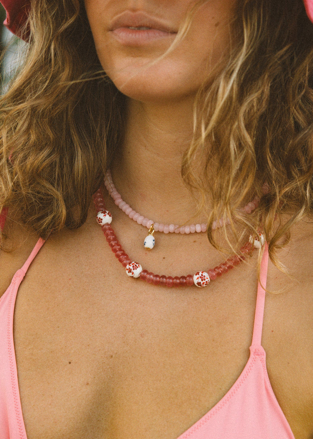Pink Beaded Floral Pendant Necklace