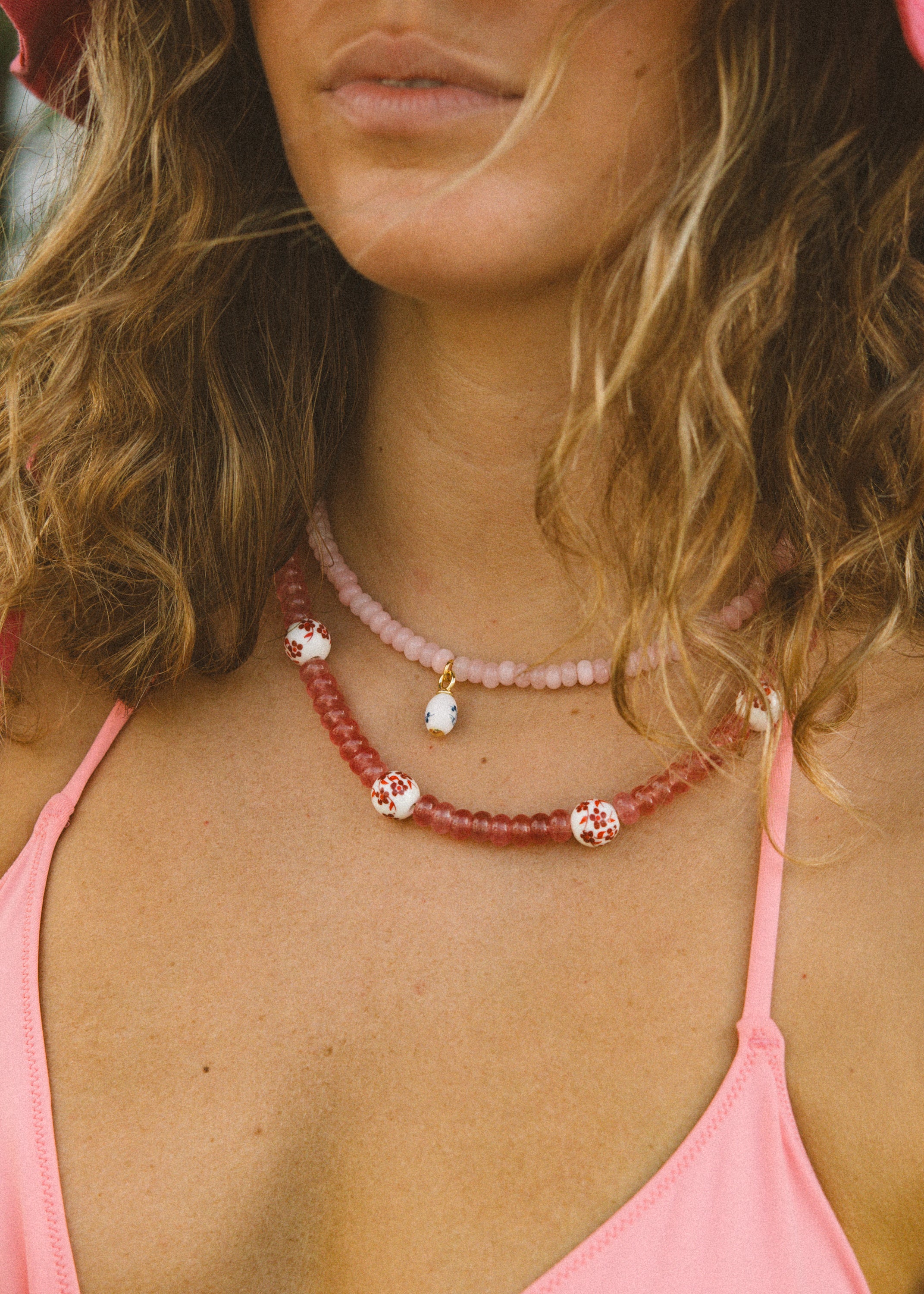 Pink Beaded Floral Pendant Necklace