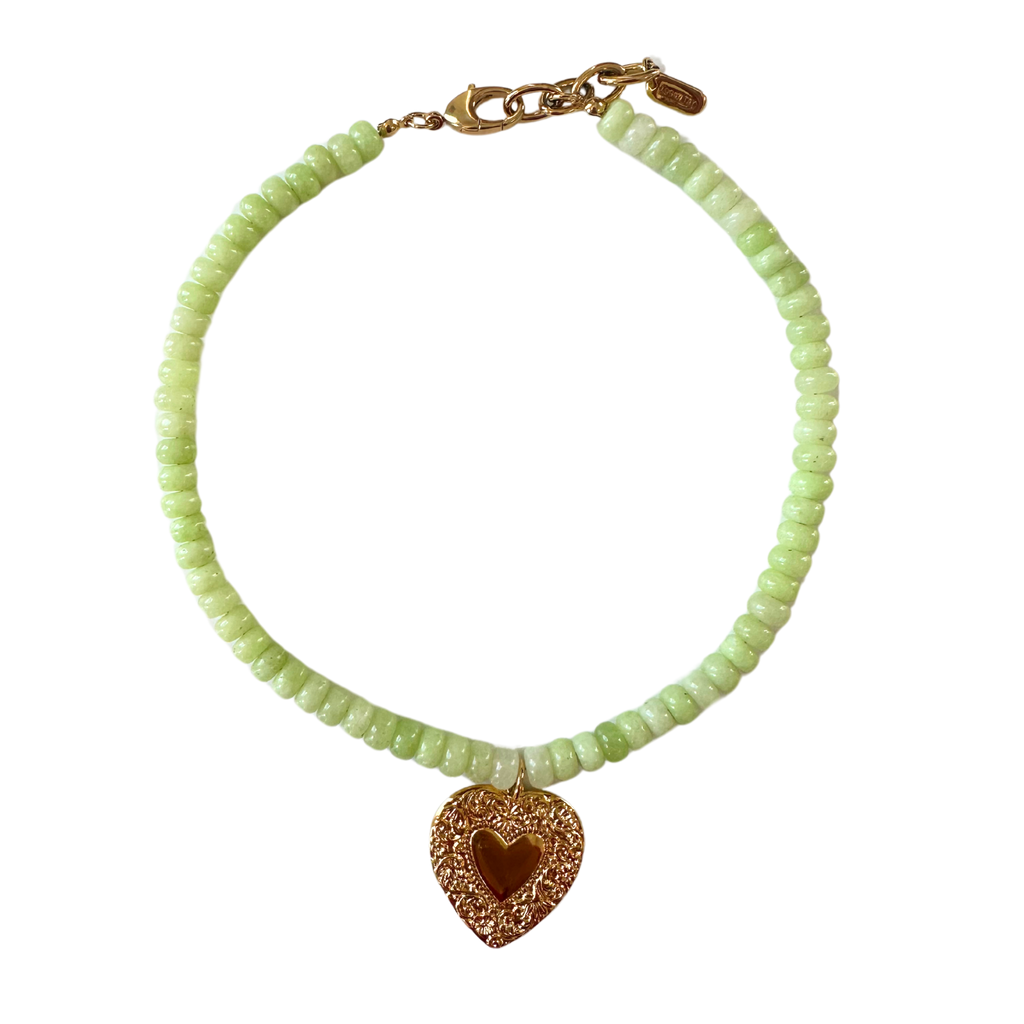 Green Beaded Vintage Heart Necklace