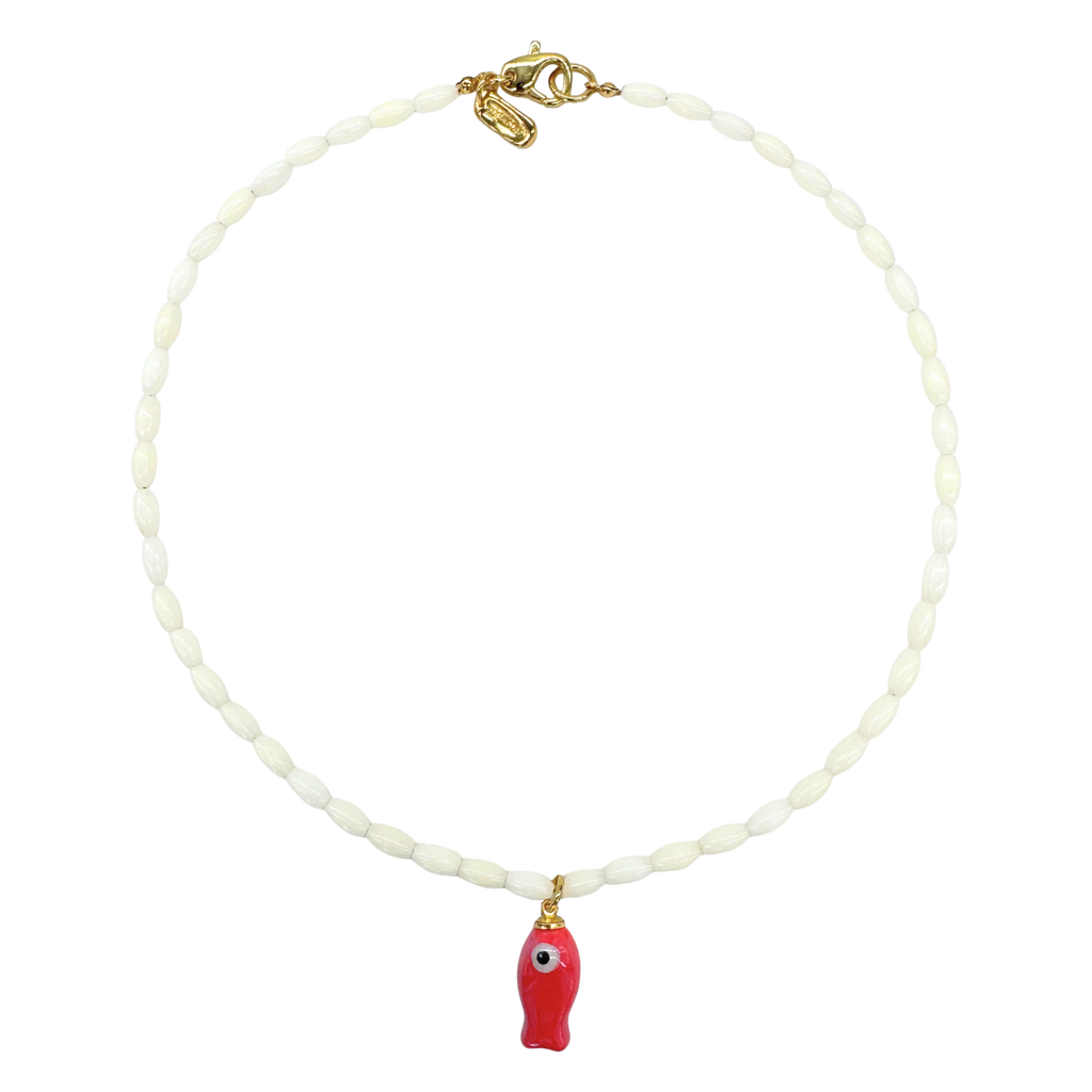 White Beaded Fish Necklace